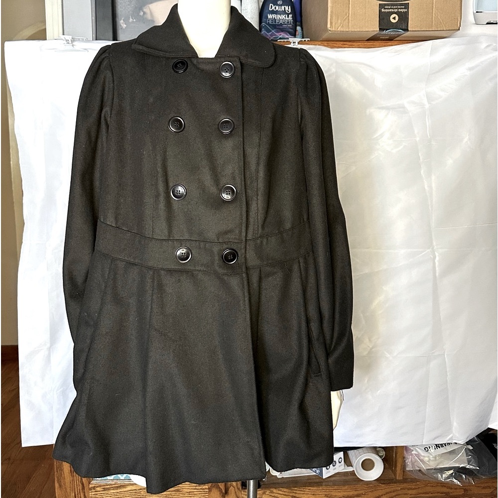Women’s Black A-line Wool Winter Pea Coat XXL 2XL Dress Coat with Pockets